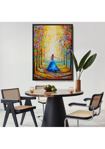 Siyah Çerçeveli Renkli Ormanda Yürüyen Mavi Elbiseli Kadın Tablosu