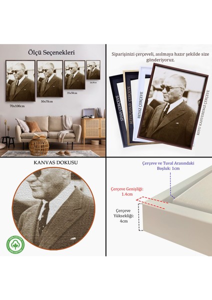 Siyah Çerçeveli Atatürk Portre Tablosu Mustafa Kemal Atatürk Dikdörtgen Dekoratif Kanvas Tablo indirimleri