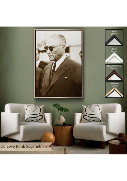 Siyah Çerçeveli Atatürk Portre Tablosu Mustafa Kemal Atatürk Dikdörtgen Dekoratif Kanvas Tablo