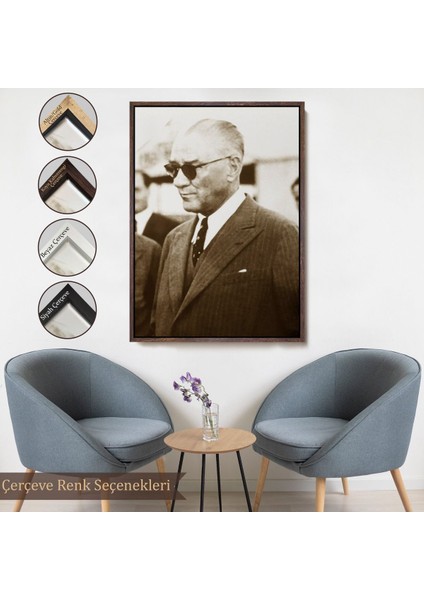 Siyah Çerçeveli Atatürk Portre Tablosu Mustafa Kemal Atatürk Dikdörtgen Dekoratif Kanvas Tablo