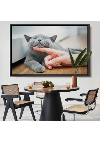 Altın Çerçeveli Sevimli Kedi Dekoratif Kanvas Tablo