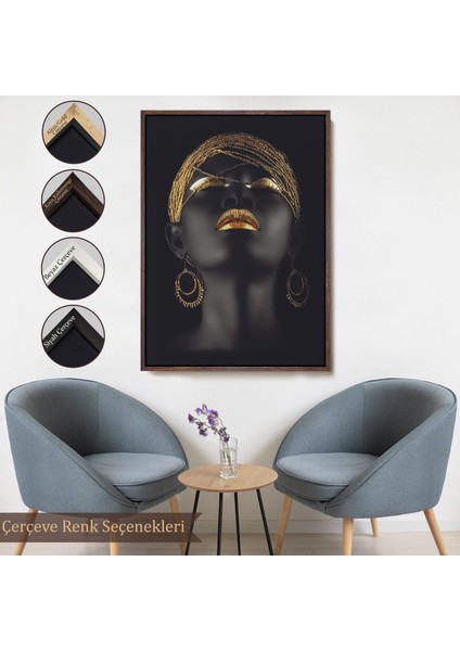 Altın Çerçeveli Afrikalı Zenci Kadın Yaylera Dekoratif Kanvas Tablo