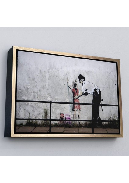Beyaz Çerçeveli Bansky'nin Küçük Kız Çocuğunu Arayan Polis Isimli Çalışması Kanvas Tablo modelleri