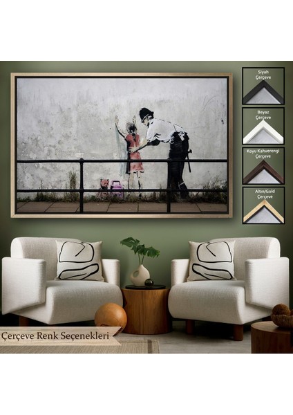 Beyaz Çerçeveli Bansky'nin Küçük Kız Çocuğunu Arayan Polis Isimli Çalışması Kanvas Tablo
