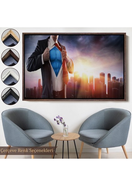 Altın Çerçeveli Iş Adamı Süper Kahraman Dekoratif Kanvas Duvar Tablosu