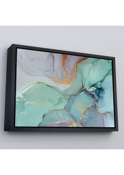 Altın Çerçeveli Mürekkep ve Alkol Elementleri ile Mermer Deseni Verilmiş Kanvas Tablo fiyatları