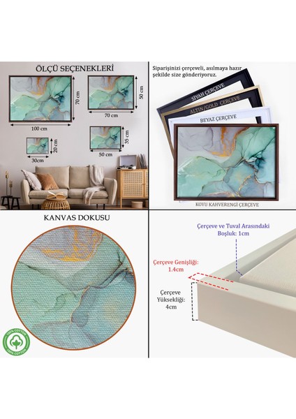 Altın Çerçeveli Mürekkep ve Alkol Elementleri ile Mermer Deseni Verilmiş Kanvas Tablo indirimleri