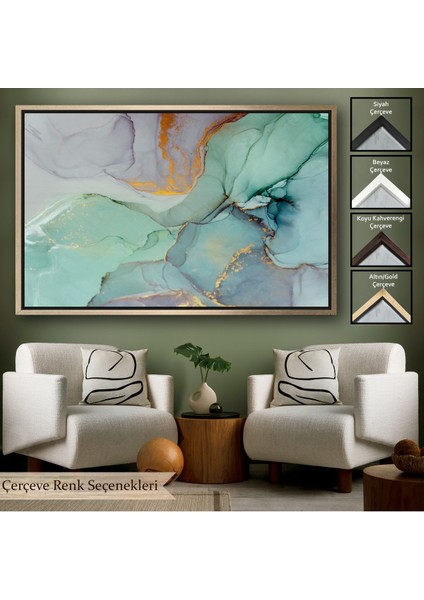 Altın Çerçeveli Mürekkep ve Alkol Elementleri ile Mermer Deseni Verilmiş Kanvas Tablo