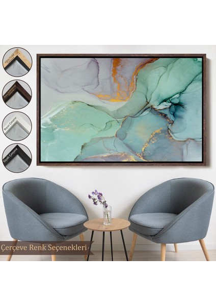 Altın Çerçeveli Mürekkep ve Alkol Elementleri ile Mermer Deseni Verilmiş Kanvas Tablo