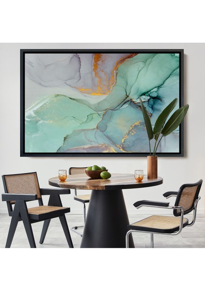 Altın Çerçeveli Mürekkep ve Alkol Elementleri ile Mermer Deseni Verilmiş Kanvas Tablo