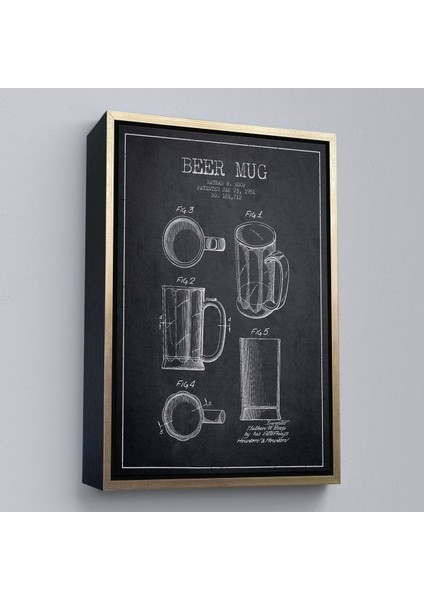 Altın Çerçeveli 1951 Tarihli Bira Bardağı Patent Çizimi Dekoratif Kanvas Duvar Tablosu