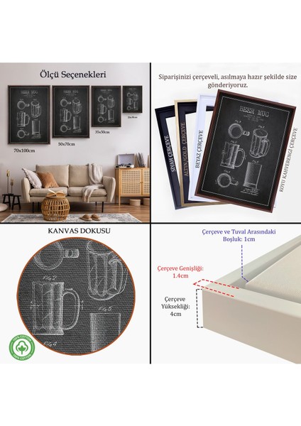 Altın Çerçeveli 1951 Tarihli Bira Bardağı Patent Çizimi Dekoratif Kanvas Duvar Tablosu indirimleri