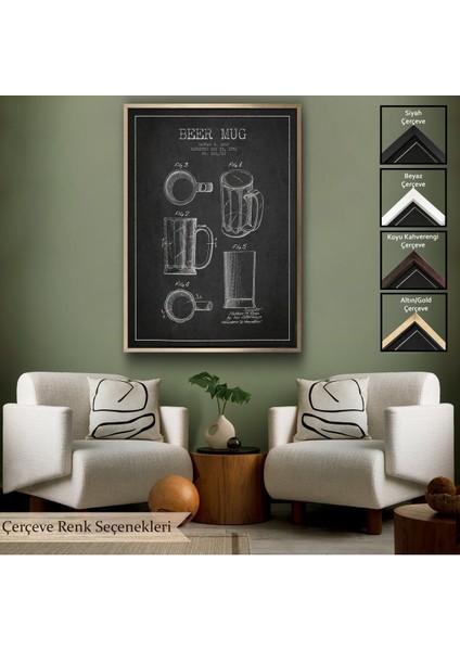 Altın Çerçeveli 1951 Tarihli Bira Bardağı Patent Çizimi Dekoratif Kanvas Duvar Tablosu