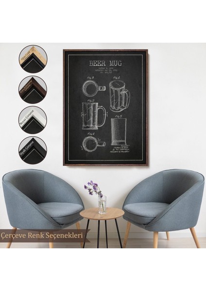 Altın Çerçeveli 1951 Tarihli Bira Bardağı Patent Çizimi Dekoratif Kanvas Duvar Tablosu