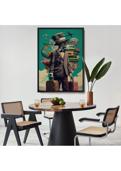 Siyah Çerçeveli Takım Elbiseli Seyahat Eden Adam Vintage Kanvas Tablo