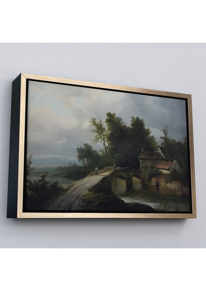 Altın Çerçeveli 19. Yüzyılın Başları Köprülü Fransız Köy Okulu Manzara Tablosu