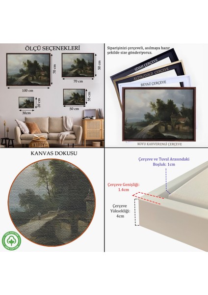 Altın Çerçeveli 19. Yüzyılın Başları Köprülü Fransız Köy Okulu Manzara Tablosu indirimleri