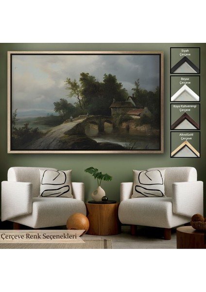 Altın Çerçeveli 19. Yüzyılın Başları Köprülü Fransız Köy Okulu Manzara Tablosu