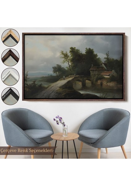 Altın Çerçeveli 19. Yüzyılın Başları Köprülü Fransız Köy Okulu Manzara Tablosu