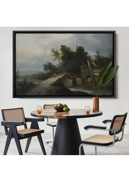 Altın Çerçeveli 19. Yüzyılın Başları Köprülü Fransız Köy Okulu Manzara Tablosu