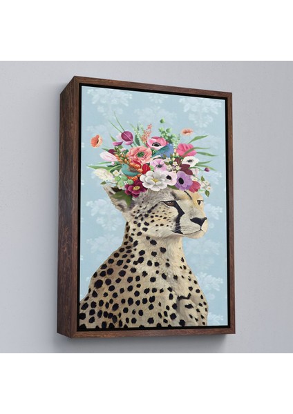 Kahverengi Çerçeveli Çiçek Taçlı Kraliçe Çita Kanvas Tablo