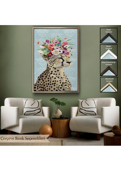 Kahverengi Çerçeveli Çiçek Taçlı Kraliçe Çita Kanvas Tablo