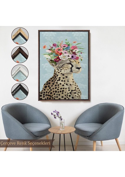 Kahverengi Çerçeveli Çiçek Taçlı Kraliçe Çita Kanvas Tablo