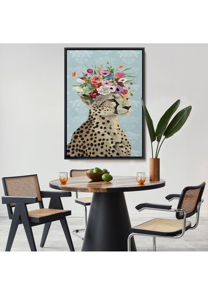 Kahverengi Çerçeveli Çiçek Taçlı Kraliçe Çita Kanvas Tablo