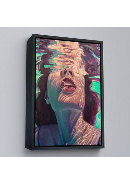 Siyah Çerçeveli Su Altında Kadın Kanvas Tablo, Sualtı Yağlıboya Tablo Efektli Tablo