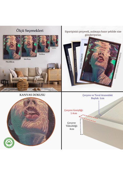 Siyah Çerçeveli Su Altında Kadın Kanvas Tablo, Sualtı Yağlıboya Tablo Efektli Tablo indirimleri