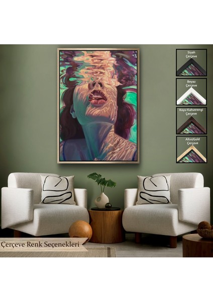 Siyah Çerçeveli Su Altında Kadın Kanvas Tablo, Sualtı Yağlıboya Tablo Efektli Tablo