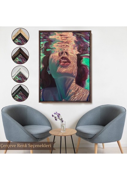 Siyah Çerçeveli Su Altında Kadın Kanvas Tablo, Sualtı Yağlıboya Tablo Efektli Tablo