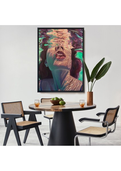 Siyah Çerçeveli Su Altında Kadın Kanvas Tablo, Sualtı Yağlıboya Tablo Efektli Tablo