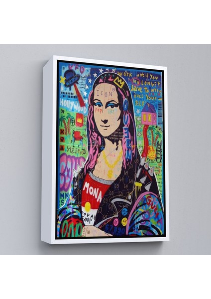 Beyaz Çerçeveli Banksy Renkli Mona Lisa Kanvas Tablo, Pop Art, Sokak Sanatı, Kanvas Tablo