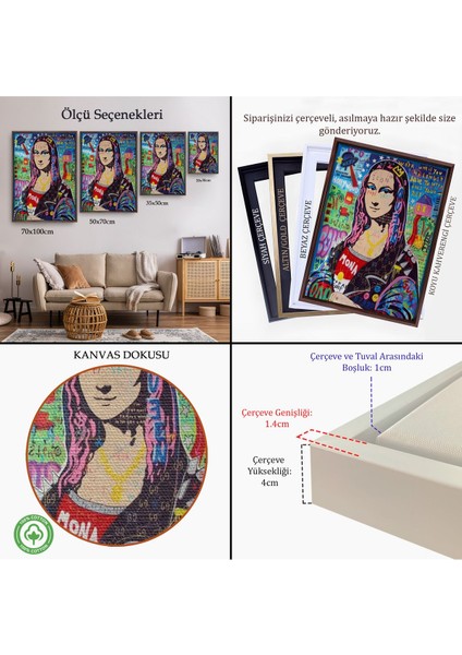 Beyaz Çerçeveli Banksy Renkli Mona Lisa Kanvas Tablo, Pop Art, Sokak Sanatı, Kanvas Tablo indirimleri