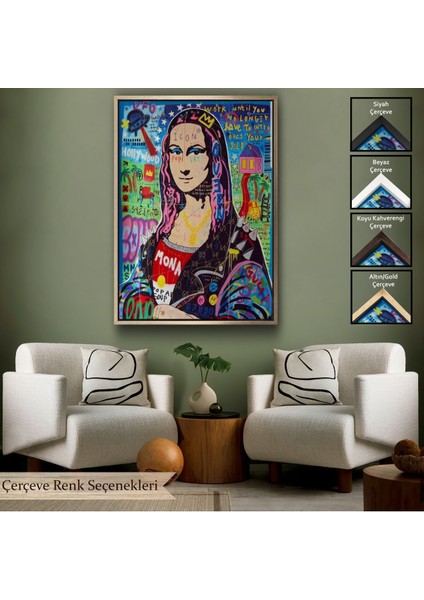 Beyaz Çerçeveli Banksy Renkli Mona Lisa Kanvas Tablo, Pop Art, Sokak Sanatı, Kanvas Tablo