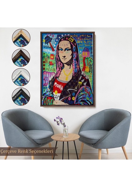 Beyaz Çerçeveli Banksy Renkli Mona Lisa Kanvas Tablo, Pop Art, Sokak Sanatı, Kanvas Tablo