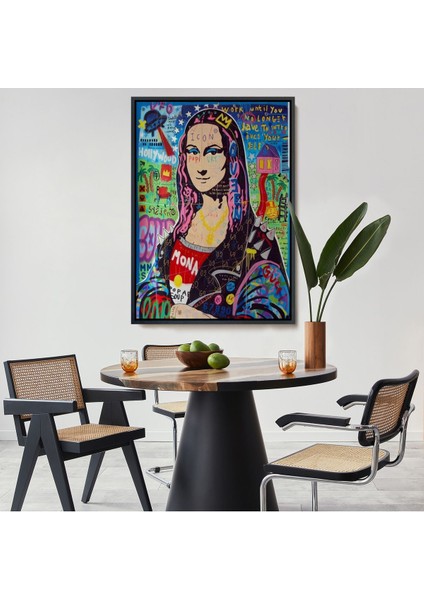 Beyaz Çerçeveli Banksy Renkli Mona Lisa Kanvas Tablo, Pop Art, Sokak Sanatı, Kanvas Tablo