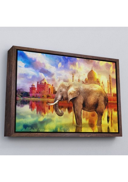 Kahverengi Çerçeveli Fil ve Taç Mahal Manzaralı Yağlıboya Görünüm Dekoratif Kanvas Duvar Tablosu