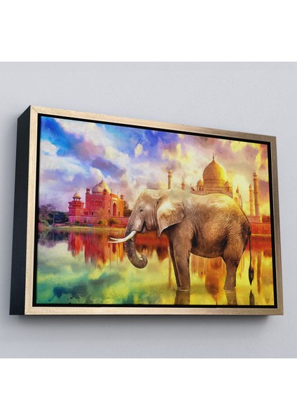 Kahverengi Çerçeveli Fil ve Taç Mahal Manzaralı Yağlıboya Görünüm Dekoratif Kanvas Duvar Tablosu fiyatları