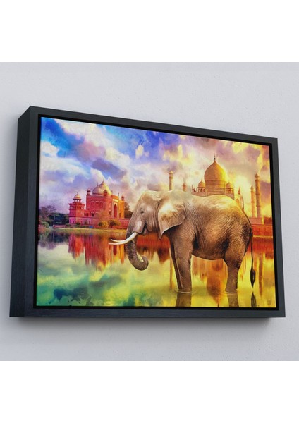 Kahverengi Çerçeveli Fil ve Taç Mahal Manzaralı Yağlıboya Görünüm Dekoratif Kanvas Duvar Tablosu modelleri