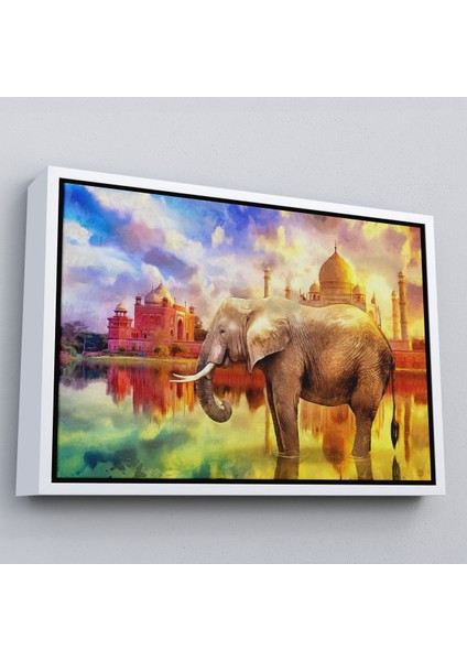 Kahverengi Çerçeveli Fil ve Taç Mahal Manzaralı Yağlıboya Görünüm Dekoratif Kanvas Duvar Tablosu fırsatları