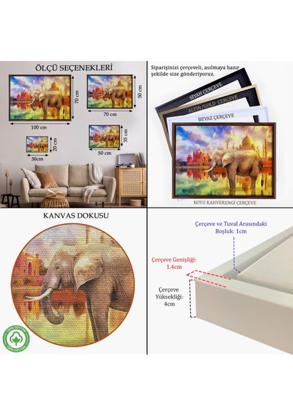 Kahverengi Çerçeveli Fil ve Taç Mahal Manzaralı Yağlıboya Görünüm Dekoratif Kanvas Duvar Tablosu indirimleri