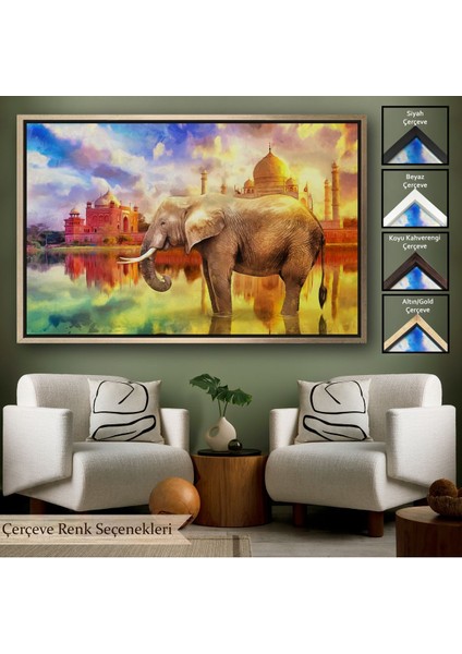 Kahverengi Çerçeveli Fil ve Taç Mahal Manzaralı Yağlıboya Görünüm Dekoratif Kanvas Duvar Tablosu