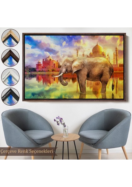 Kahverengi Çerçeveli Fil ve Taç Mahal Manzaralı Yağlıboya Görünüm Dekoratif Kanvas Duvar Tablosu