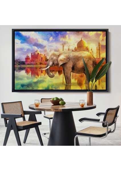 Kahverengi Çerçeveli Fil ve Taç Mahal Manzaralı Yağlıboya Görünüm Dekoratif Kanvas Duvar Tablosu