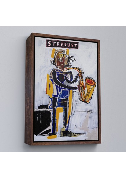 Kahverengi Çerçeveli Jean Michel Basquiat Stardust Saksafon Kanvas Tablo, Sokak Sanatı, Pop Art
