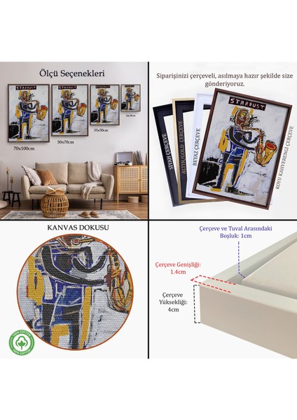 Kahverengi Çerçeveli Jean Michel Basquiat Stardust Saksafon Kanvas Tablo, Sokak Sanatı, Pop Art indirimleri