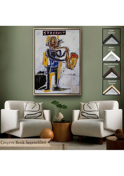 Kahverengi Çerçeveli Jean Michel Basquiat Stardust Saksafon Kanvas Tablo, Sokak Sanatı, Pop Art