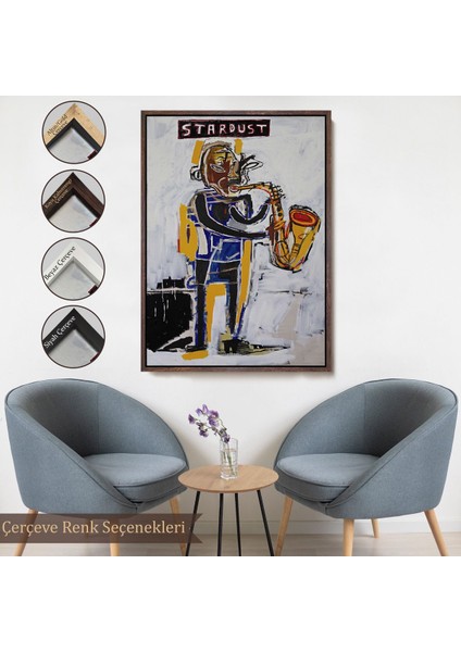 Kahverengi Çerçeveli Jean Michel Basquiat Stardust Saksafon Kanvas Tablo, Sokak Sanatı, Pop Art